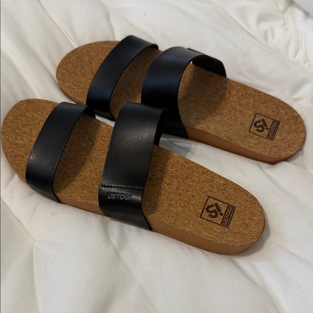 USTOGI Black Double Strap Cork Slide Sandals